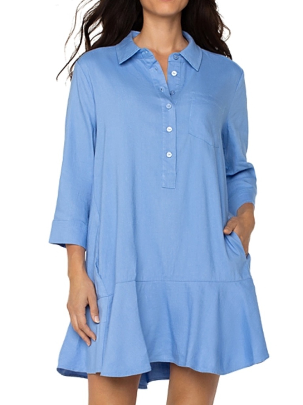 Liverpool Chambray Blue Shirt Dress Ruffle Hem - Size Small